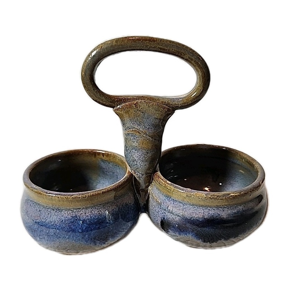 Artisian Handmade Glazed Pottery Double Bowl Condiment Dish Spice Dish.  Blue